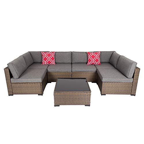 kinbor Outdoor Patio Furniture Set - 7 Pieces Outdoor Sectional Sofa, PE Rattan Wicker Patio Couch, Conversation Set with Coffee Table, Cushions for Porch, Backyard, Pool, Deck, Dark Grey