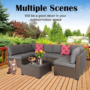 kinbor Outdoor Patio Furniture Set - 7 Pieces Outdoor Sectional Sofa, PE Rattan Wicker Patio Couch, Conversation Set with Coffee Table, Cushions for Porch, Backyard, Pool, Deck, Dark Grey