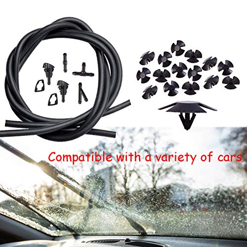 Windshield Washer Nozzles Kit - Windshield Washer Spray Nozzle 3 Meters Windshield Fluid Hose Connector Rubber Gasket with 10 Pcs Hood Insulation Retainers Compatible with Chrysler Dodge Jeep Ram