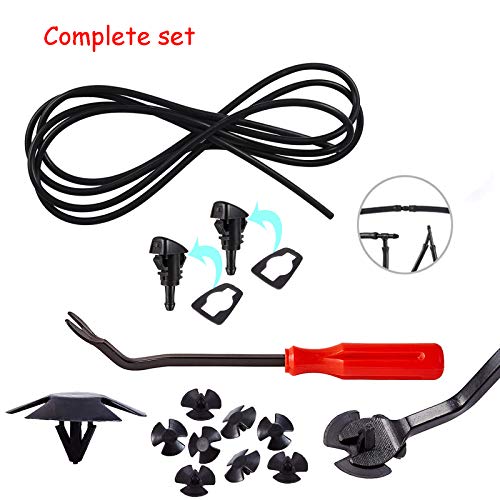 Windshield Washer Nozzles Kit - Windshield Washer Spray Nozzle 3 Meters Windshield Fluid Hose Connector Rubber Gasket with 10 Pcs Hood Insulation Retainers Compatible with Chrysler Dodge Jeep Ram