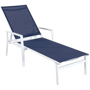 Hanover Blue Naples Outdoor Folding Chaise Adjustable Backrest | Patio and Poolside Lounging Chair | UV and Weather-Resistant Sling Fabric | NAPLESCHS-W-NVY, 1 Piece, White/Navy