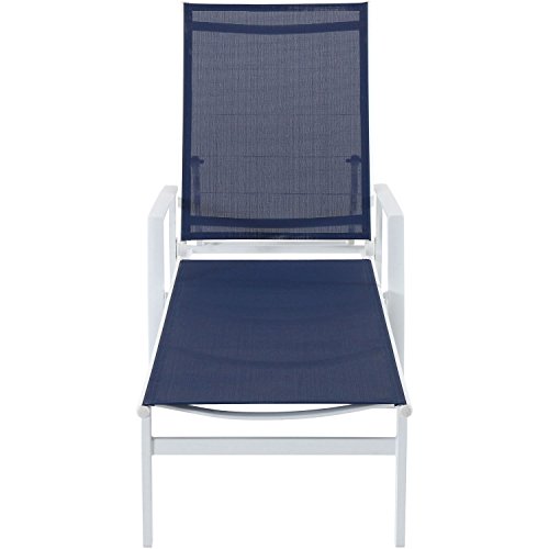 Hanover Blue Naples Outdoor Folding Chaise Adjustable Backrest | Patio and Poolside Lounging Chair | UV and Weather-Resistant Sling Fabric | NAPLESCHS-W-NVY, 1 Piece, White/Navy