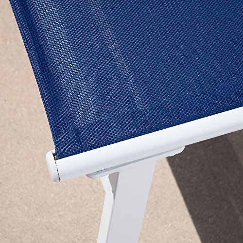 Hanover Blue Naples Outdoor Folding Chaise Adjustable Backrest | Patio and Poolside Lounging Chair | UV and Weather-Resistant Sling Fabric | NAPLESCHS-W-NVY, 1 Piece, White/Navy