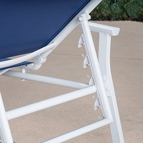 Hanover Blue Naples Outdoor Folding Chaise Adjustable Backrest | Patio and Poolside Lounging Chair | UV and Weather-Resistant Sling Fabric | NAPLESCHS-W-NVY, 1 Piece, White/Navy