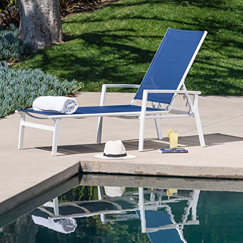 Hanover Blue Naples Outdoor Folding Chaise Adjustable Backrest | Patio and Poolside Lounging Chair | UV and Weather-Resistant Sling Fabric | NAPLESCHS-W-NVY, 1 Piece, White/Navy