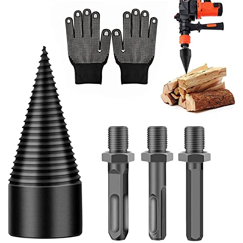 Hlimior Firewood Log Splitter,3pcs Firewood Drill Bit Removable Cones Kindling 32mm/1.26inch Wood Splitting logs bits Heavy Duty Electric Drills Screw Cone Driver Hex + Square + Round