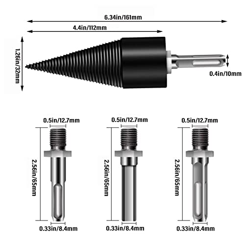 Hlimior Firewood Log Splitter,3pcs Firewood Drill Bit Removable Cones Kindling 32mm/1.26inch Wood Splitting logs bits Heavy Duty Electric Drills Screw Cone Driver Hex + Square + Round