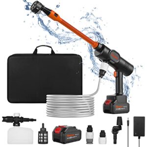 cordless pressure washer, tazen 21v electric portable power cleaner with 6-in-1 nozzle and 180° adjustable nozzle, 3.0ah battery and accessories, great for car washing, window and floor cleaning