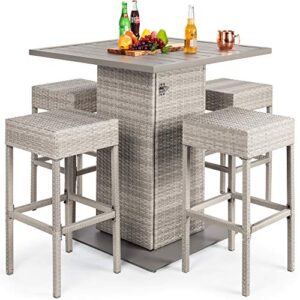 Best Choice Products 5-Piece Outdoor Wicker Bar Table Set for Patio, Poolside, Backyard w/Built-in Bottle Opener, Hidden Storage Shelf, Metal Tabletop, 4 Stools - Gray