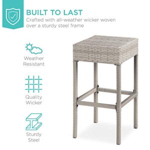 Best Choice Products 5-Piece Outdoor Wicker Bar Table Set for Patio, Poolside, Backyard w/Built-in Bottle Opener, Hidden Storage Shelf, Metal Tabletop, 4 Stools - Gray