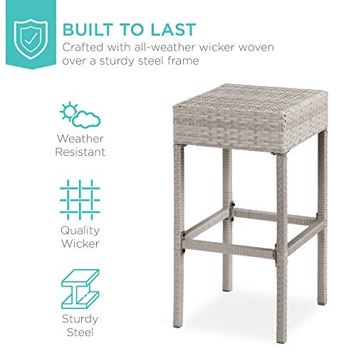 Best Choice Products 5-Piece Outdoor Wicker Bar Table Set for Patio, Poolside, Backyard w/Built-in Bottle Opener, Hidden Storage Shelf, Metal Tabletop, 4 Stools - Gray