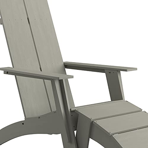 BizChair Set of 2 Modern All-Weather Poly Resin Wood Adirondack Chairs with Foot Rests in Gray