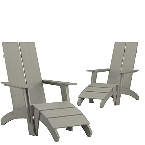 BizChair Set of 2 Modern All-Weather Poly Resin Wood Adirondack Chairs with Foot Rests in Gray