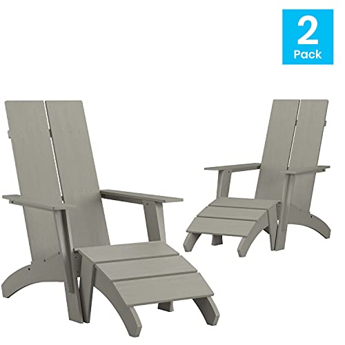 BizChair Set of 2 Modern All-Weather Poly Resin Wood Adirondack Chairs with Foot Rests in Gray