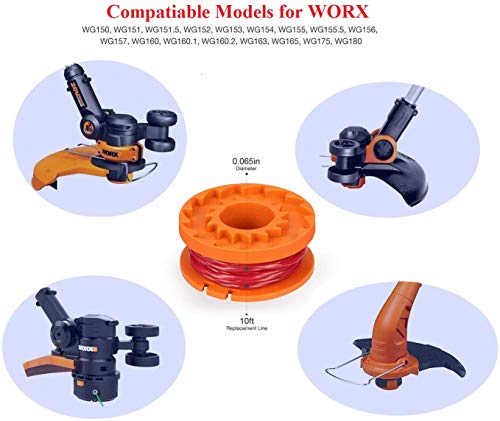 WA0010 Replacement Trimmer Line for Select Electric String Trimmers,Trimmer Spool Line for Worx,0.065 Edger Spool for Worx Trimmer Spools Weed Eater String,Weed Wacker Spool Parts 6Pcs