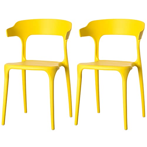 Fabulaxe Modern Plastic Outdoor Dining Chair with Open U Shaped Back, Yellow Set of 2
