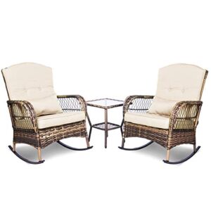 enstver 3 pieces patio conversation set w/ 2 rattan wicker rocking chairs and glass table,for garden backyard lown porch (beige)