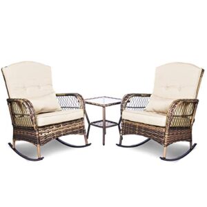 ENSTVER 3 Pieces Patio Conversation Set w/ 2 Rattan Wicker Rocking Chairs and Glass Table,for Garden Backyard Lown Porch (Beige)