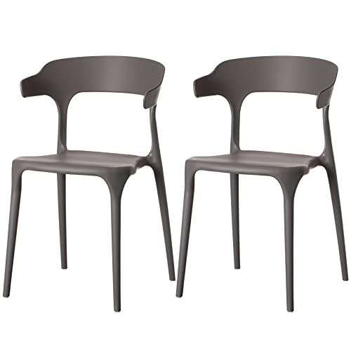 Fabulaxe Modern Plastic Outdoor Dining Chair with Open U Shaped Back, Grey Set of 2