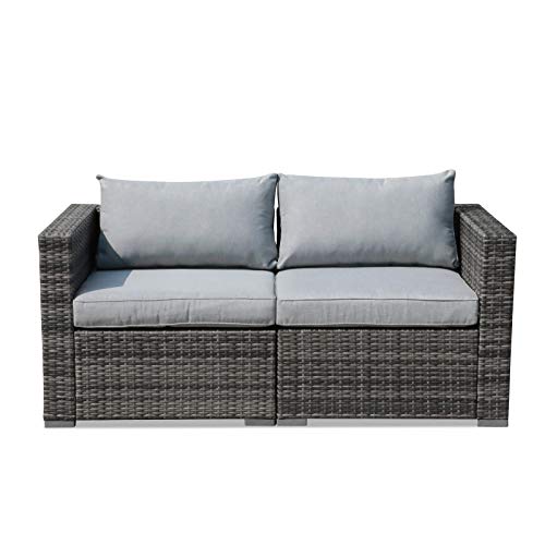 Patiorama Outdoor Wicker Loveseat 2 Pieces, All Weather Grey PE Rattan Sectional Corner Sofa Set, Additional Extra Chairs for Outdoor Sectional Sofa Set, Light Grey Cushion