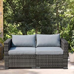 Patiorama Outdoor Wicker Loveseat 2 Pieces, All Weather Grey PE Rattan Sectional Corner Sofa Set, Additional Extra Chairs for Outdoor Sectional Sofa Set, Light Grey Cushion