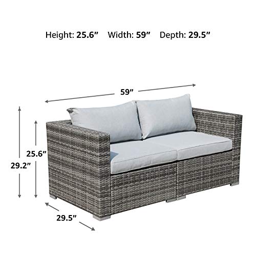 Patiorama Outdoor Wicker Loveseat 2 Pieces, All Weather Grey PE Rattan Sectional Corner Sofa Set, Additional Extra Chairs for Outdoor Sectional Sofa Set, Light Grey Cushion