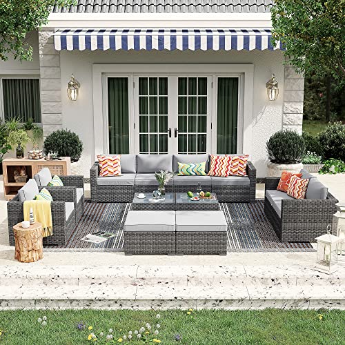 Patiorama Outdoor Wicker Loveseat 2 Pieces, All Weather Grey PE Rattan Sectional Corner Sofa Set, Additional Extra Chairs for Outdoor Sectional Sofa Set, Light Grey Cushion