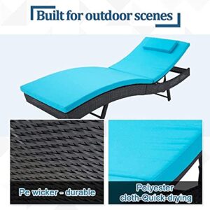 Patiomore Outdoor Lounge Chair, Patio Wicker Adjustable Backrest Double Chaise Lounge with Thick Blue Cushion for Beach Pool Yard, 2 Pack