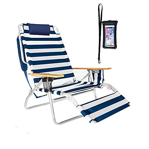 Deluxe 5 pos Lay Flat High Aluminum Beach Chair Lounge Chaise with Foot Rest, Large Storage, Waterproof Cell Pouch