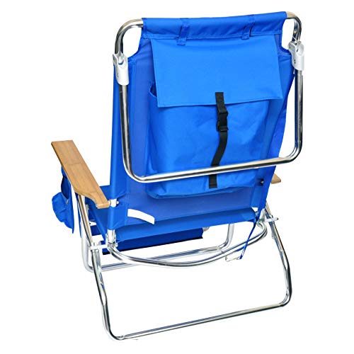 Deluxe 5 pos Lay Flat High Aluminum Beach Chair Lounge Chaise with Foot Rest, Large Storage, Waterproof Cell Pouch