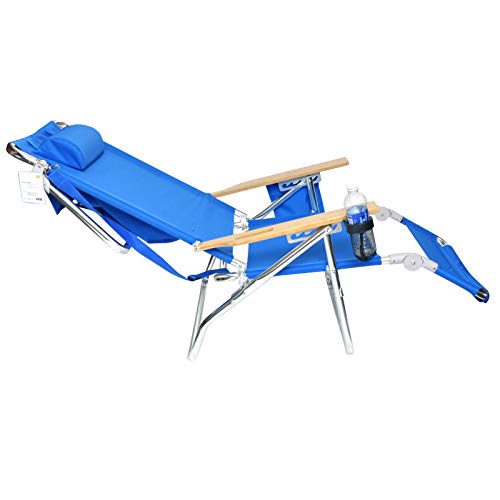 Deluxe 5 pos Lay Flat High Aluminum Beach Chair Lounge Chaise with Foot Rest, Large Storage, Waterproof Cell Pouch