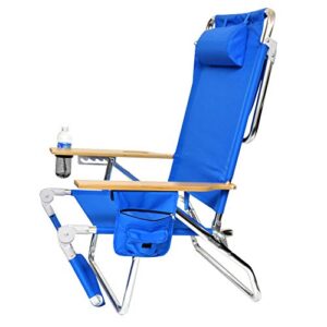 Deluxe 5 pos Lay Flat High Aluminum Beach Chair Lounge Chaise with Foot Rest, Large Storage, Waterproof Cell Pouch