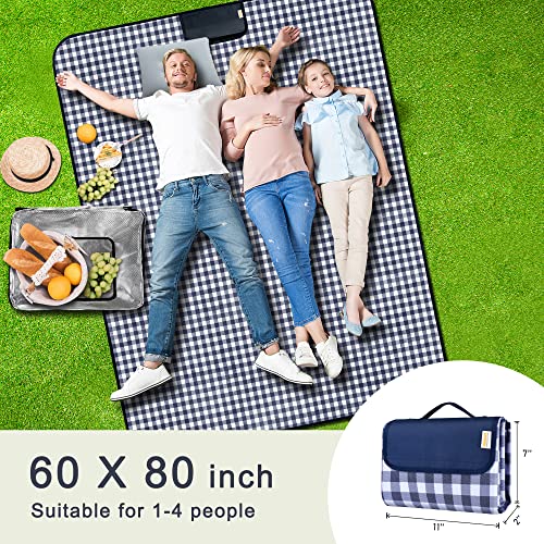 Picnic Blankets Waterproof Foldable, Large Outdoor blanket for Grass, Beach Blanket Waterproof Sandproof, Picnic Mat Washable Lightweight Portable for Camping 60"×80" (Navy Blue, 2 Layers, 1 Pack)