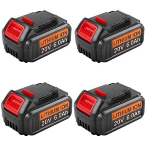 4-pack high output 6.0ah 20v dcb206 battery for dewalt 20-volt battery for dewalt all 20v max xr cordless tools dcb200 dcb201 dcb203 dcb204 dcb205 dcb206 dcb205-2 dcd/dcf/dcg series tool batteries