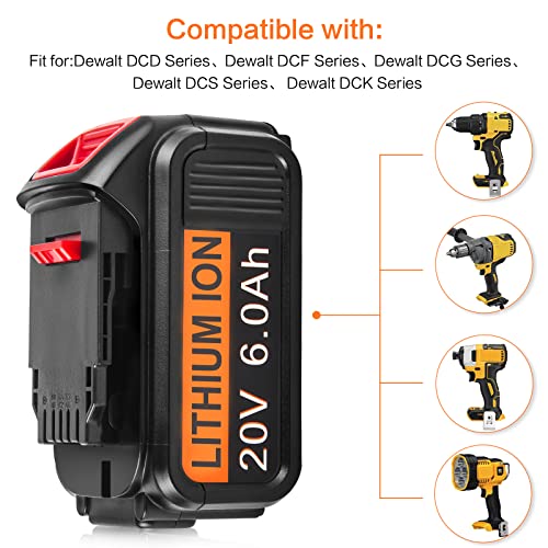 4-Pack High Output 6.0Ah 20V DCB206 Battery for DEWALT 20-Volt Battery for DEWALT All 20V Max XR Cordless Tools DCB200 DCB201 DCB203 DCB204 DCB205 DCB206 DCB205-2 DCD/DCF/DCG Series Tool Batteries