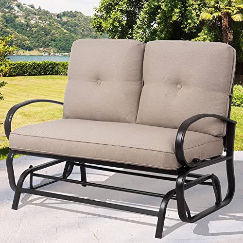 Shintenchi Outdoor Patio Metal Swing Glider Bench 2-Rocking chair Loveseat Wrought Iron Patio Furniture Steel Frame Chair Set with Cushion for Porch Balcony Garden,Beige