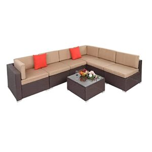 New Outdoor Courtyard Modular Furniture Set 7-Piece Rattan Sofa, Rattan Garden deep seat Dialogue Sofa with seat Cushion Tempered Glass Table