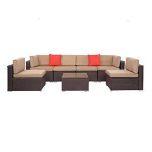 New Outdoor Courtyard Modular Furniture Set 7-Piece Rattan Sofa, Rattan Garden deep seat Dialogue Sofa with seat Cushion Tempered Glass Table