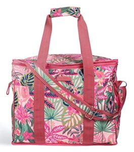 vera bradley leak resistant insulated cooler bag large capacity, soft sided collapsible cooler, portable beach-tote bag with handles and adjustable shoulder strap, rain forest canopy pink