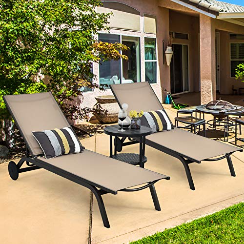 Giantex Lounge Chairs for Outside Patio Chaise Lounges Aluminum Recliner W/Adjustable 6 Backrest Positions and Wheels for Patio Beach Poolside Outdoor Sunbathing Chair(1, Brown)