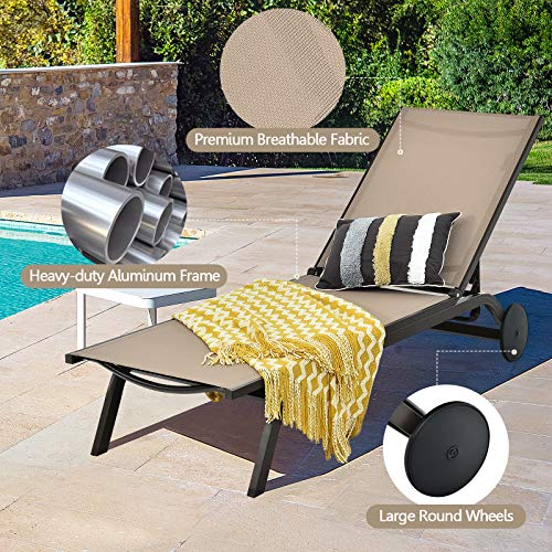 Giantex Lounge Chairs for Outside Patio Chaise Lounges Aluminum Recliner W/Adjustable 6 Backrest Positions and Wheels for Patio Beach Poolside Outdoor Sunbathing Chair(1, Brown)