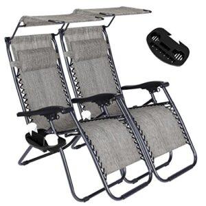 super decor set of 2 zero gravity outdoor lounge chairs w/sunshade + cup holder with mobile device slot adjustable folding patio reclining chairs w/canopy+ snack tray (grey)