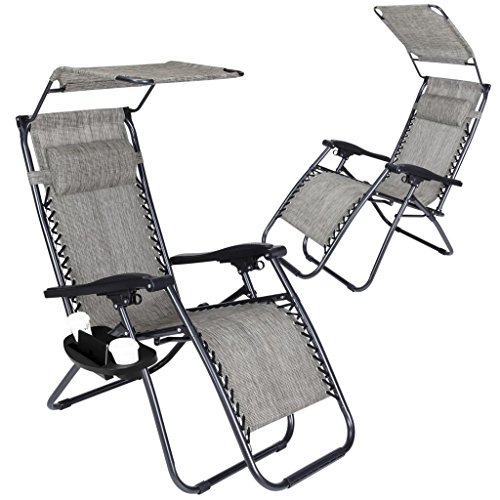 Super Decor Set of 2 Zero Gravity Outdoor Lounge Chairs w/Sunshade + Cup Holder with Mobile Device Slot Adjustable Folding Patio Reclining Chairs W/Canopy+ Snack Tray (Grey)