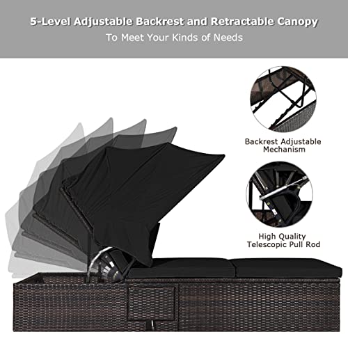 HAPPYGRILL Patio Lounge with Retractable Canopy Outdoor Reclining Chair with Adjustable Backrest Rattan Wicker Lounge Daybed with Coffee Table Sun Lounger for Beach Poolside Backyard Balcony Porch