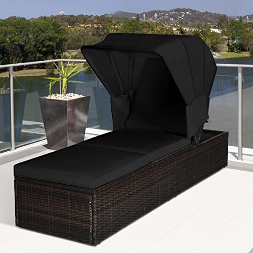 HAPPYGRILL Patio Lounge with Retractable Canopy Outdoor Reclining Chair with Adjustable Backrest Rattan Wicker Lounge Daybed with Coffee Table Sun Lounger for Beach Poolside Backyard Balcony Porch