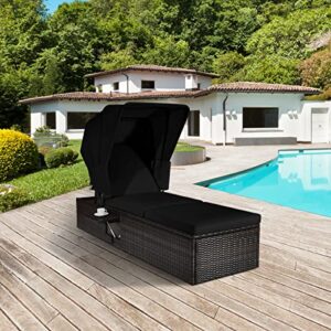 HAPPYGRILL Patio Lounge with Retractable Canopy Outdoor Reclining Chair with Adjustable Backrest Rattan Wicker Lounge Daybed with Coffee Table Sun Lounger for Beach Poolside Backyard Balcony Porch