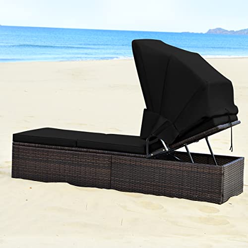 HAPPYGRILL Patio Lounge with Retractable Canopy Outdoor Reclining Chair with Adjustable Backrest Rattan Wicker Lounge Daybed with Coffee Table Sun Lounger for Beach Poolside Backyard Balcony Porch