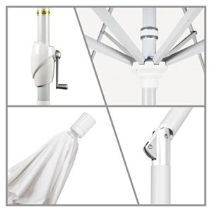 California Umbrella 9' Round Aluminum Market Umbrella, Crank Lift, Push Button Tilt, White Pole, White Olefin