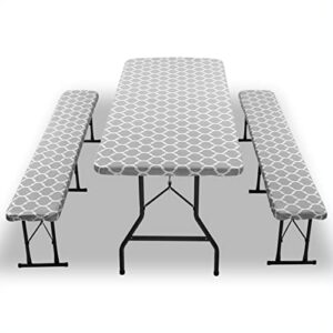 3 pieces picnic table and bench fitted tablecloth cover picnic table cover with bench covers for picnics indoor and outdoor dining (gray moroccan pattern)