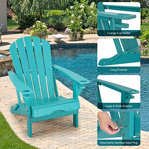 Sundale Outdoor Folding Heavy Duty Adirondack Chair with Footrest 2 Cup Holder on Armrest, Perfect for Outside Porch Patio Garden Pool Yard Turquoise